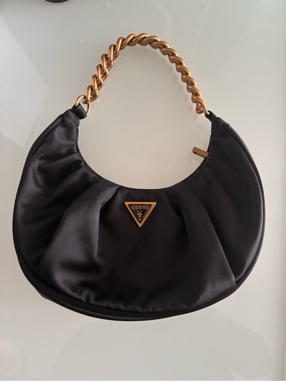GUESS Black Quilted Shoulder Bag with Gold Chain Accent